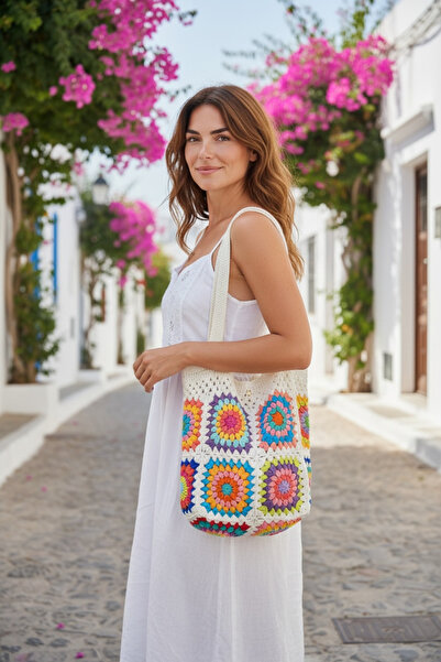 satürn hobi örgü tasarım Knitted Colorful Motifs, Lined Ecru Sleeves Bag Pieces