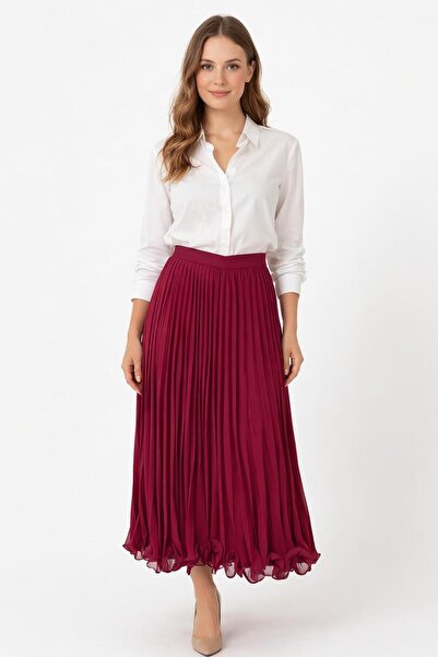 REMİS Women's Burgundy Pleated Chiffon Elastic Flared Skirt