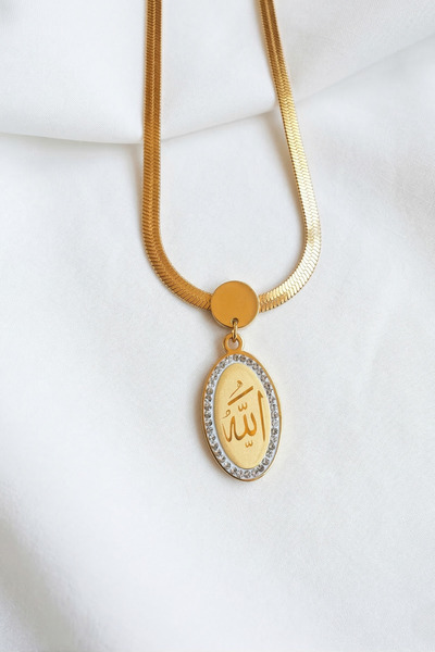 özgül takı ve tasarım Allah Written Italian Chain Zircon Stone Gold Color Sta...