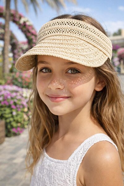 HAZAL KAYA ATELIER Beige Hand Knitted Straw Visor Hat for Girls 10-18 Years Old