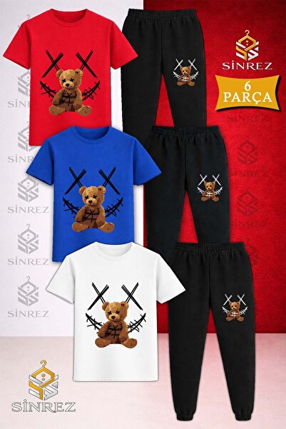 SİNREZ Children's Ayicik Yarn Carpi Black Printed 3-Piece T-Shirt Tracksuit Set