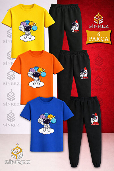 SİNREZ Children's Astronaut Cloud with Planets in Hand Printed 3-Piece T-Shir...