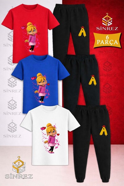 SİNREZ Children's Alvin Squirrel Girl Single Printed 3-Piece T-Shirt and Trac...