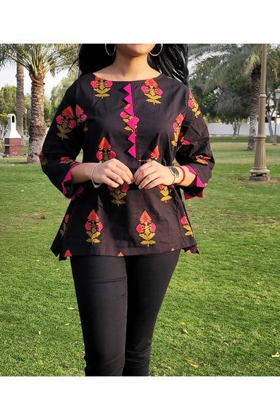 IndHeritage Premium black cotton top / blouse with red floral prints for women- perfect for office / casual wear