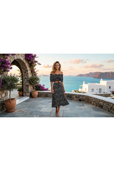 FREJYAMODA Luna Desenli Yaz Takımı, Crop&Etek