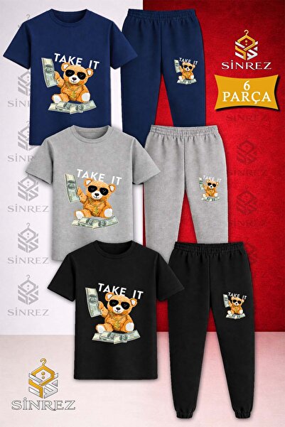 SİNREZ Children's Ayicik Take It White Printed 3-Piece T-Shirt Tracksuit Set