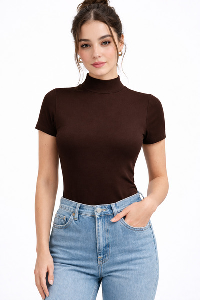 RDK Giyim Γυναικείο κοντομάνικο μισό φορμάκι από ύφασμα βισκόζης - Καφέ