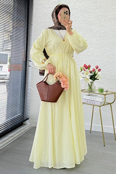 MELEK ARAZ Premium Wrap Tie-Detail Cotton Vual Long Dress - Yellow