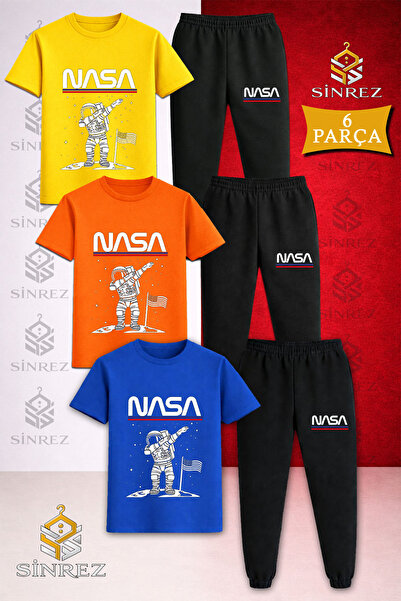 SİNREZ Children's Astronaut White Ust Nasa Writing Printed 3-Piece T-Shirt Tr...
