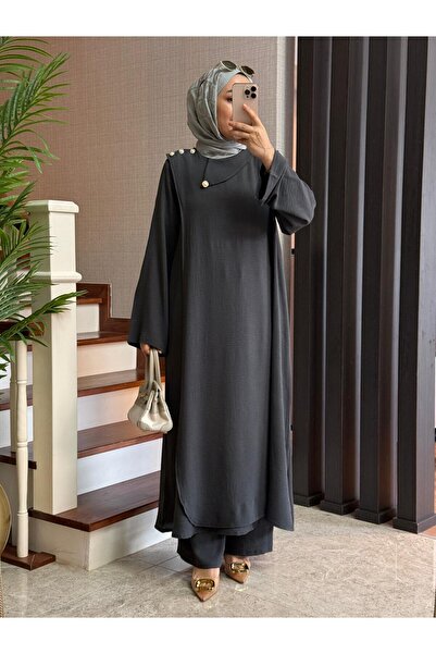 Esra Butik78 Aerobin Kumaş Düğme Detaylı Uzun Tunik Pantolonlu Tesettür Takım...