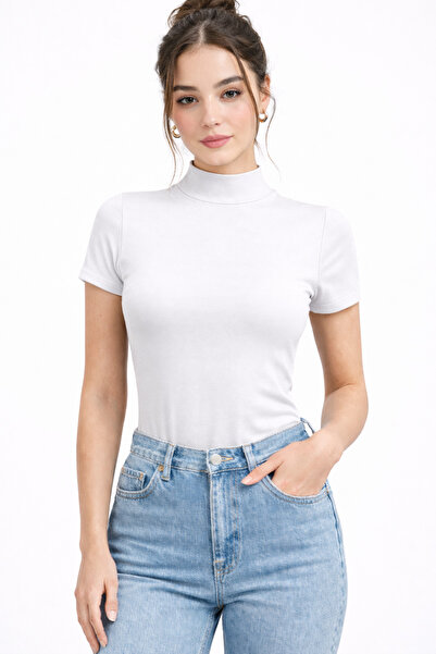 RDK Giyim Γυναικείο κοντομάνικο μισό φορμάκι από ύφασμα βισκόζης - Λευκό