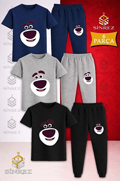 SİNREZ Children's Bear Smiling Face Printed 3-Piece T-Shirt and Tracksuit Set