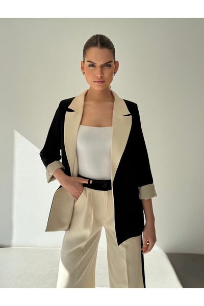 ossons Culoare contrastantă cu secțiuni Blazer Jacket pantaloni palazzo Crem - Negru Set pentru femei