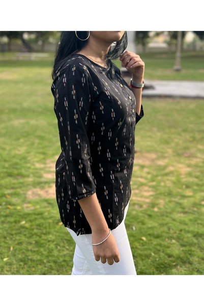 IndHeritage Premium black cotton top / blouse with white prints for women- perfect for office / casual wear