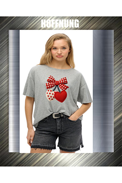 HOFFNUNG Unisex Short Sleeve Round Neck Love Cherries Printed Solid Color Tshirt