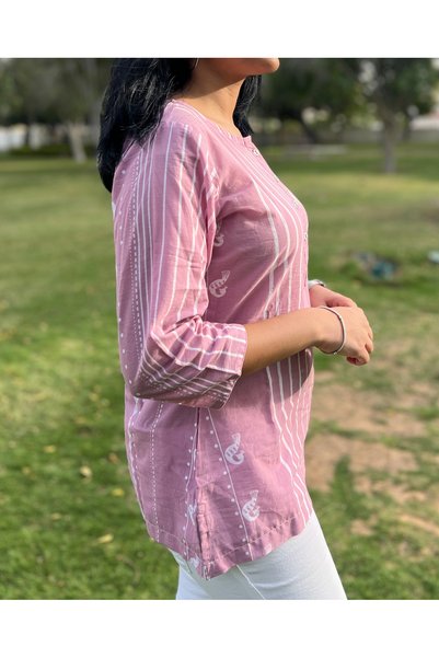 IndHeritage Premium pink cotton top / blouse with white ethnic prints for women-perfect for office / casual wear