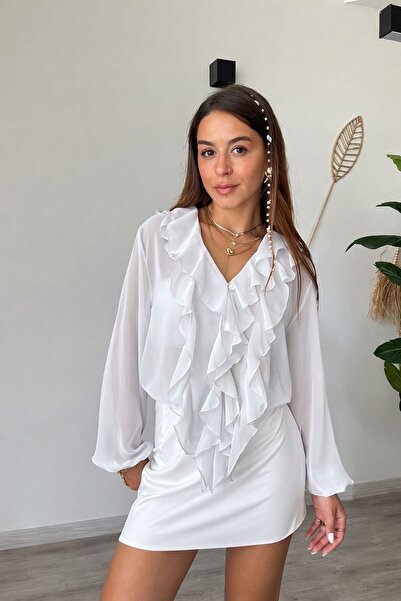 modadagiyim Women's White Shirring and Sleeve Detail Ruffles Tie-Detail Chiff...