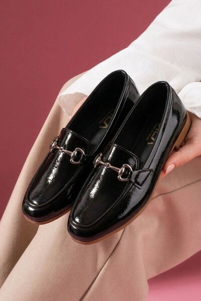 FUGA MODA Rakuel Black Wrinkled Patent Leather Women's Loafers Ballet Flats C...