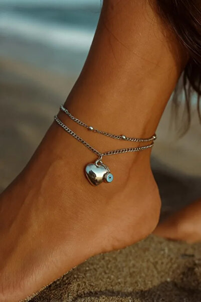 YümanınYumağı Silver Color Ball Elevator Cube Evil Eye Heart Steel Anklet