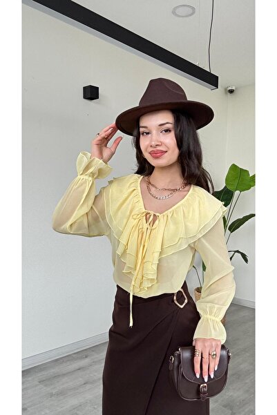 modadagiyim Yellow Women's Gathered and Sleeve Detail Ruffled Tie-Detail Chif...