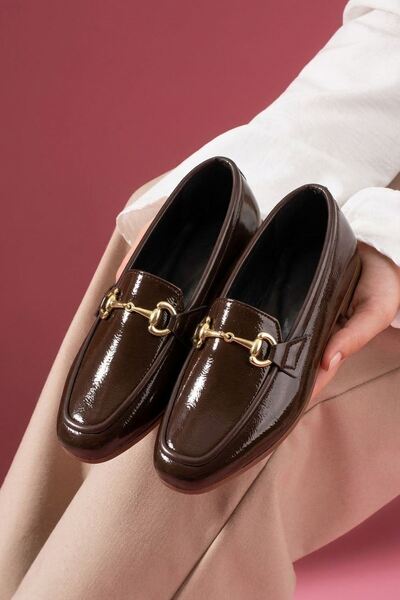 FUGA MODA حذاء راكويل نسائي من الجلد البني المجعد حذاء لوفر حذاء مسطح كاجوال