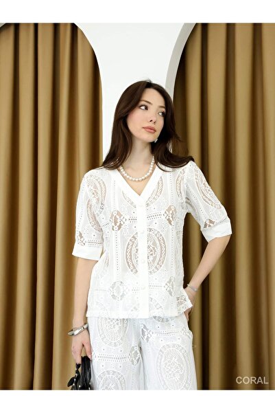 Coral V-Neck Short Sleeve Tulle Lace Pack Shirt 29602 Ecru