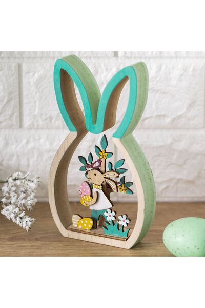 OEM Decoratiune din Lemn de Paste Iepure Verde cu Flori Oua 10.5x2.5x18cm