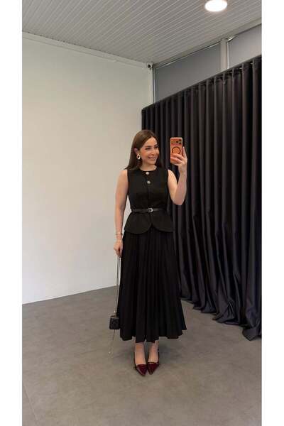 elif teke Vest Set Pleated Skirt Suit Black