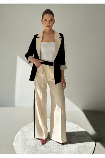 ossons Culoare contrastantă cu secțiuni Blazer Jacket pantaloni palazzo Crem - Negru Set pentru femei