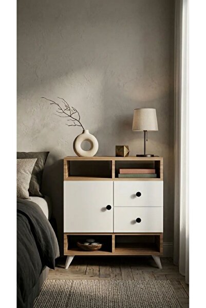 Projemob Miramob Kapaklı 2 Çekmeceli ve 4 Bölmeli Modern Başucu Sehpası Geniş...