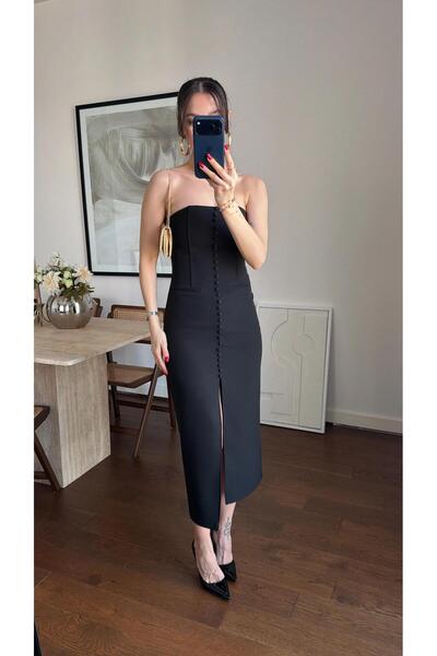 Ecenin Favorileri Strapless Front Buttons Detailed Crepe Fabric Dress