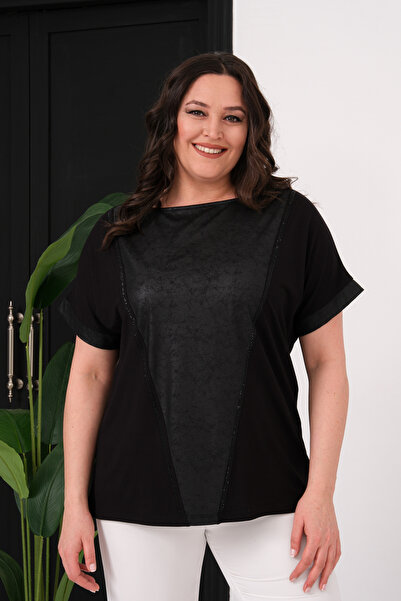 Şans Women's Plus Size Black, Leather-Look Block and Stone Detailed Low Sleev...