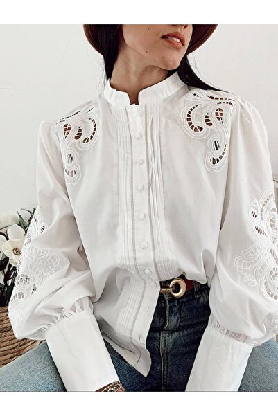 LOKADI Bluză de damă albă broderie perforată cu mâneci bufante brodate