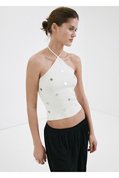 MANGO Woman Metalik aplikeli halter yaka bluz