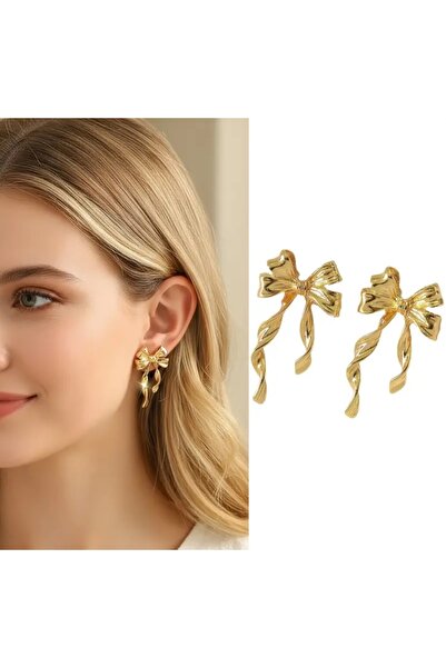 stainless steell Vip Gold Color 3D Ribbon Motif Earrings