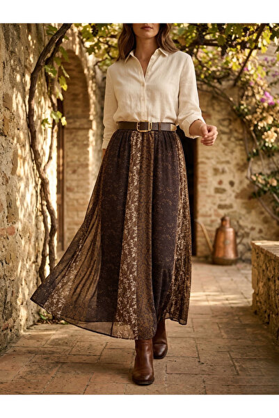 ÖRKCÜ Kadın Kahverengi Çiçek Desenli Bohem Uzun Şifon Etek