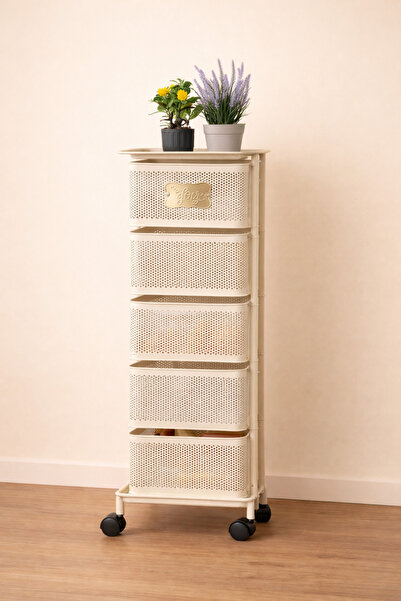 MİS KİTCHEN 5 Katlı Krem Renk Kare Model Tekerlekli Mutfak Sebzelik Organizer...