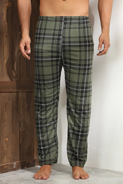 Serena Men's dark green pajama pants with black checks and white lines - loos...