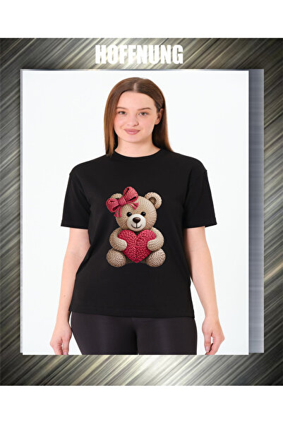 HOFFNUNG Unisex Short Sleeve Round Neck Heart Bear Printed Solid Color Tshirt
