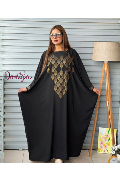 domiga Black Maxi Jalabiya Embellished with Golden Rhinestones