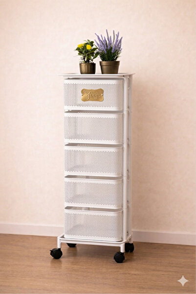 MİS KİTCHEN 5 Katlı Beyaz Renkl Kare Model Tekerlekli Mutfak Sebzelik Organiz...