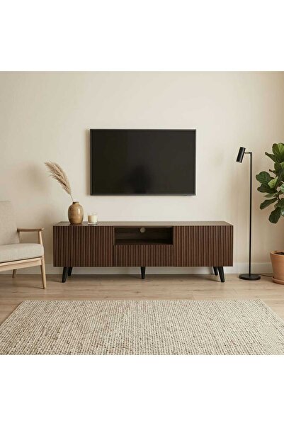 Arnohome طاولة تلفاز خشبية فاخرة بطول 180 سم تتميز بنقوش بارزة ولون بني داكن ...