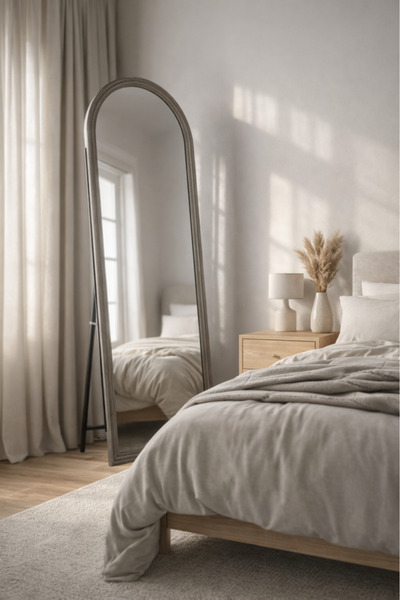 MARIA HOMES Grey Wooden Frame Arch Standing Mirror 170x60cm Full Length Floor...