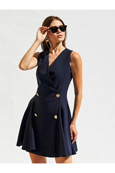 BIGNUANCE Lacivert Mini Elbise Kadın – Kolsuz Düğme Detaylı Şık Günlük Elbise
