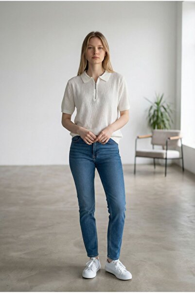 ÖNDER MODA Women's Textured Half Zipper Knitwear Polo Blouse