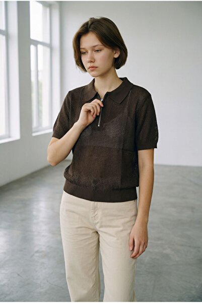 ÖNDER MODA Women's Textured Half Zipper Knitwear Polo Blouse