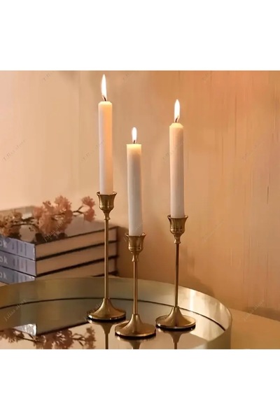 St Morritz Vintage Gold Metal 3’lü Şamdan, Hafif Eskitme Mum Tutacağı Seti