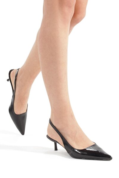 LUVETTO Black Wrinkled Patent Leather Pointed Toe Open Back Low-Cut Mouth 4 c...