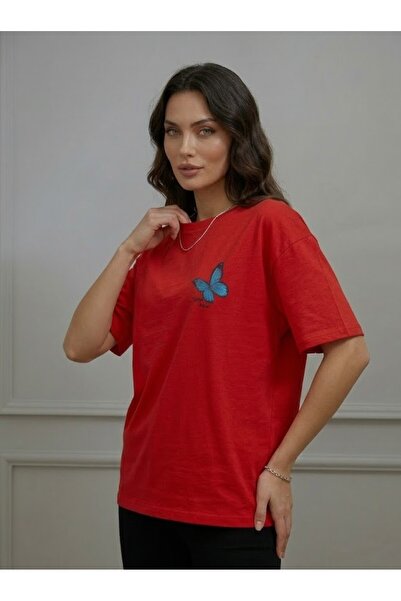 QAST GİYİM SANATI T-Shirt Blue Butterfly Printed Red Oversized