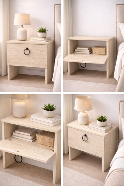 Nenu Nova Mermer Desenli Komodin Traverten Kapaklı Komodin Yatak Odası